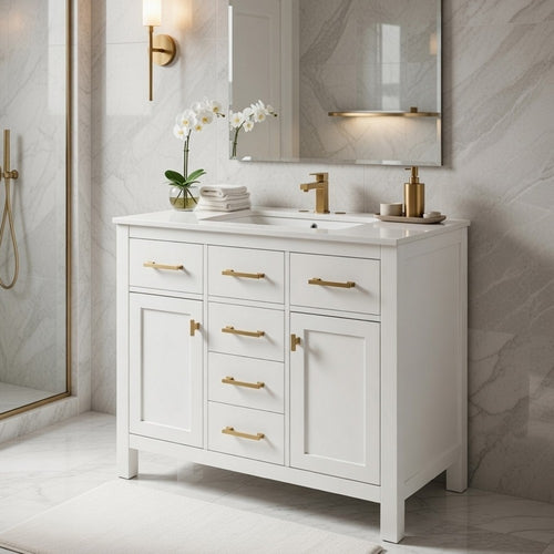 Mindy Bathroom Vanity | Ceramic Sink | Gold Metal | 4 Drawers | White 36"