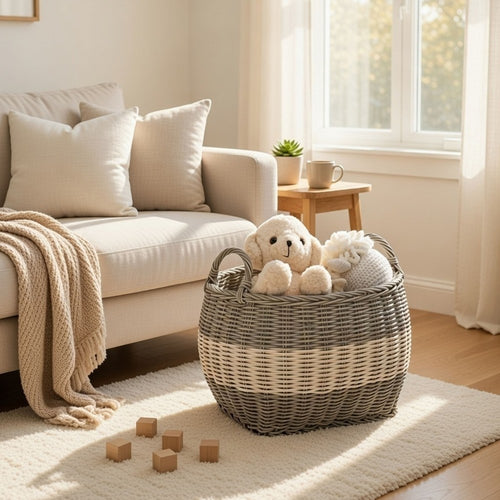 Cae Storage Basket with Handles | Gray & Cream Wicker Woven Hamper 18"