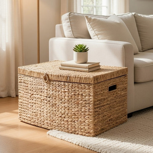 Lidded Storage Trunk with Handles | 26" Light Brown Hyacinth Woven
