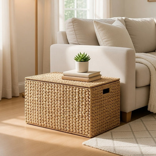 Jom Storage Trunk Basket with Lid | 24" Light Brown Hyacinth Woven
