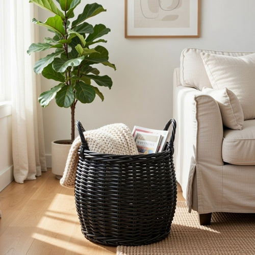 Lesa Multi Use Storage Basket with Handles | 13" Black Wicker Woven