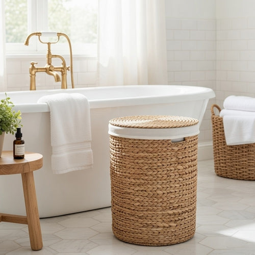 Leri Lidded Laundry Hamper | Light Brown Hyacinth | Arrow Woven | 23"