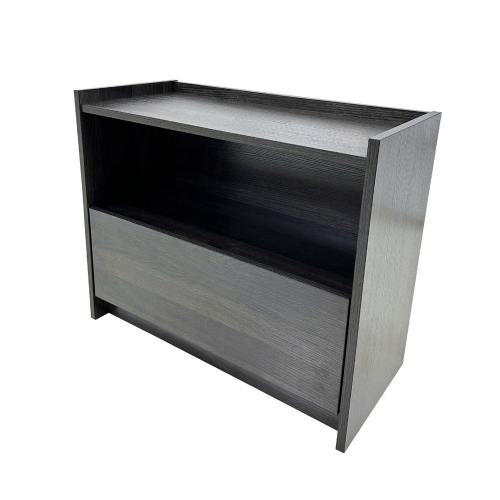 Roby Nightstand | Raised Border Top | Storage Shelf & Drawer | Dark Gray