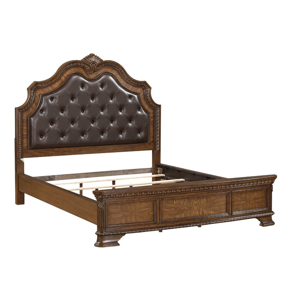 Brix Queen Size Sleigh Bed | Classic Faux Leather Tufted | Dark Brown