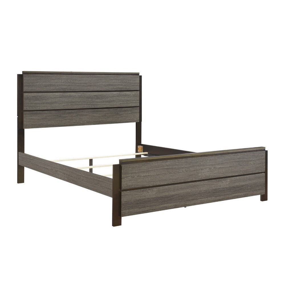 Avia Full Panel Bed, Planked Design, Antique Gray, Dark Brown Back Panels