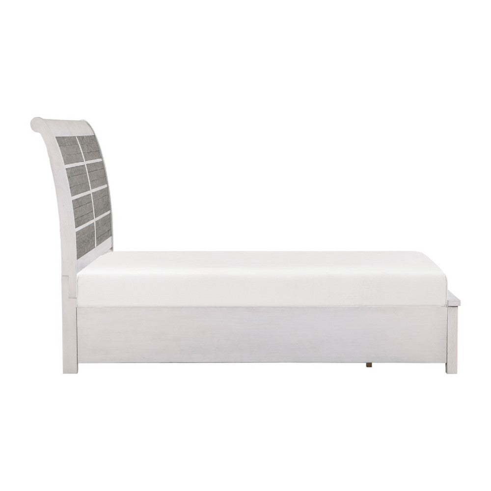 Amby Queen Platform Bed | 2 Footboard Drawers | Antique White & Gray Wood