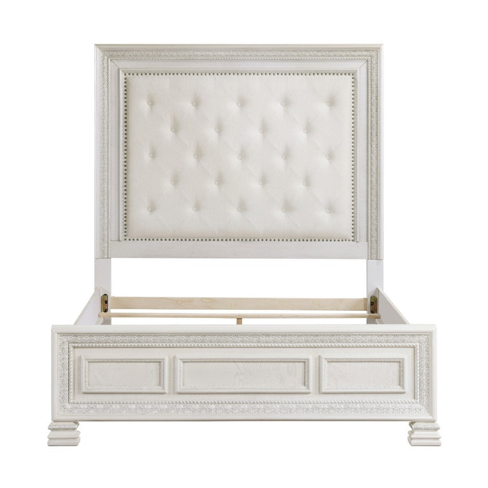 Rotu Queen Bed | Tufted Headboard with Nailheads | Pearl White Polyester