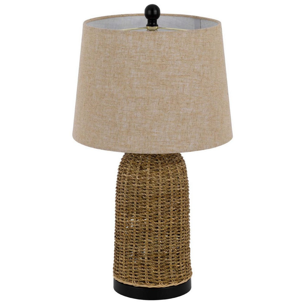 Table Lamp | Brown Drum Shade & Corn Leaf Wicker Woven Base | 24"