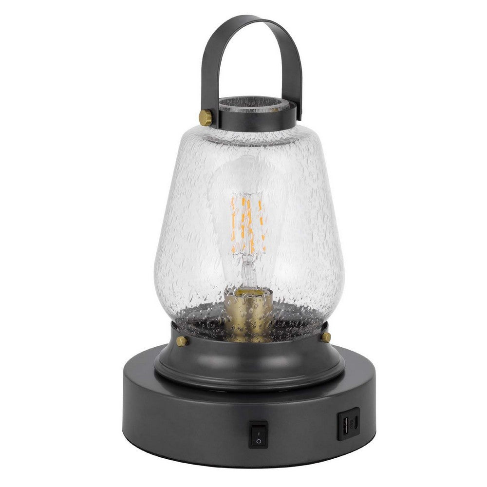 Jerry Lantern Table Lamp | Bubble Glass Shade | USB Ports | Dark Bronze