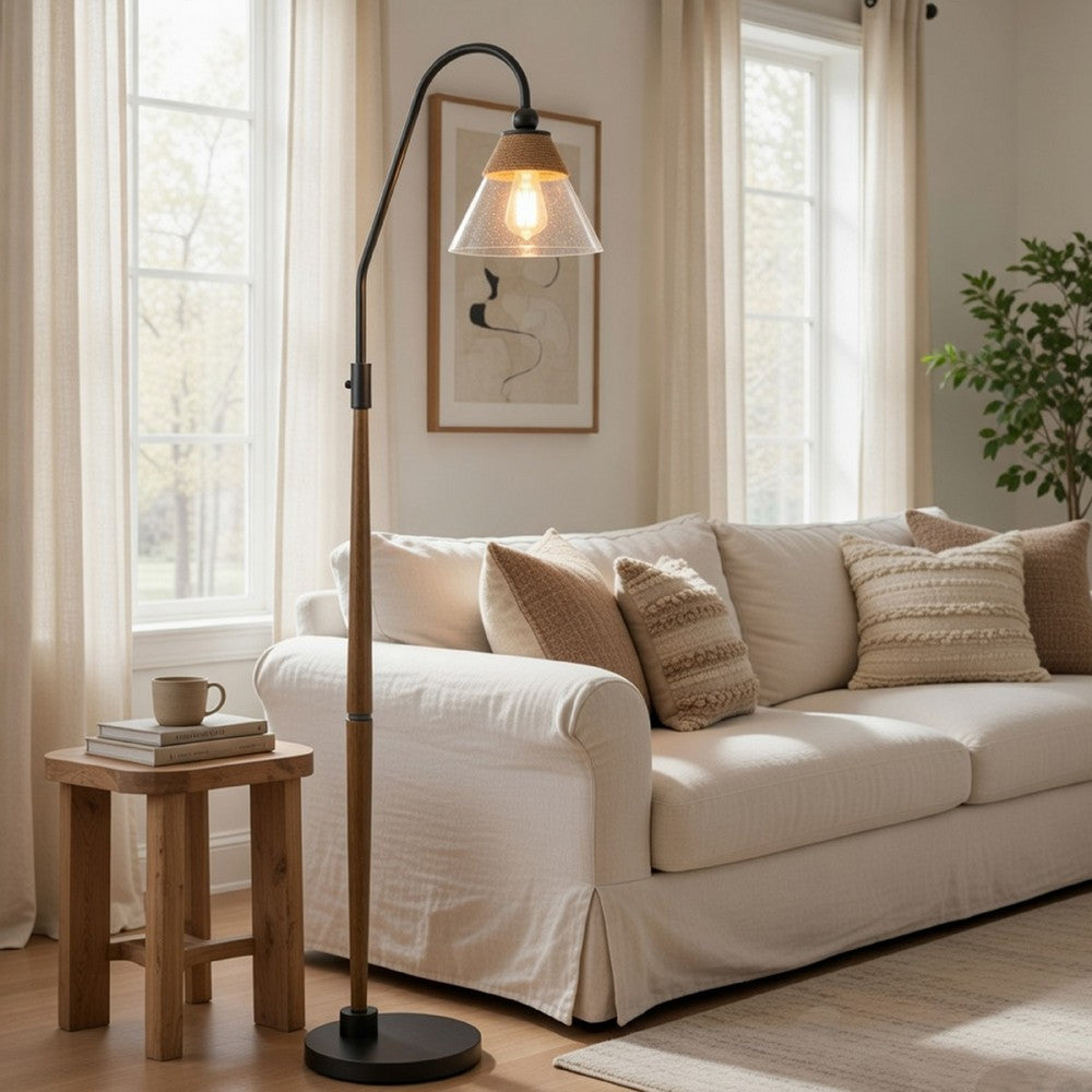 Floor Lamp | Bubble Glass Shade | Rope Accents Industrial Wood | Black 71"