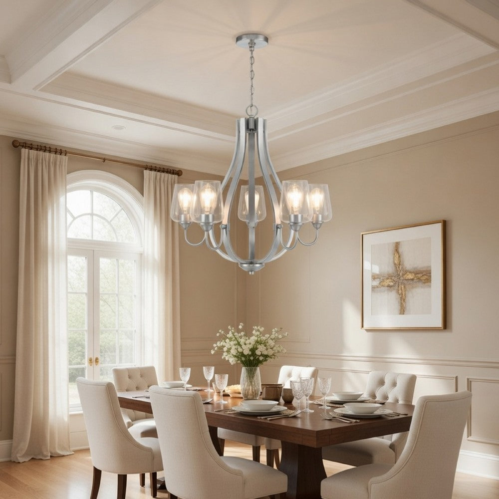 5 Light Chandelier | Teardrop Shape Glass Shades | Brushed Silver 26"