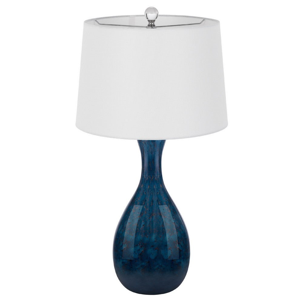Table Lamp Set of 2 | Off-White Drum Shade | Painted Blue Glass 29"
