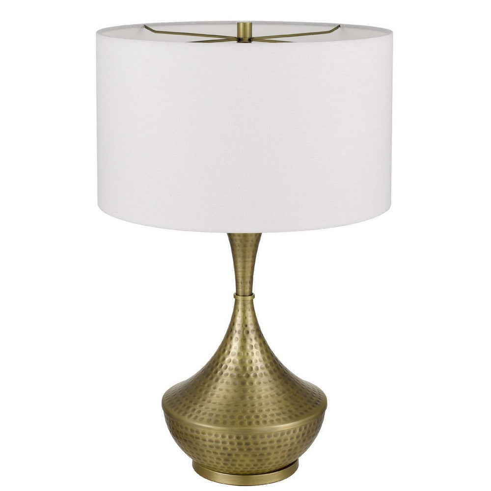 Table Lamp | White Linen Shade | Hammered Antique Brass Hourglass Shape