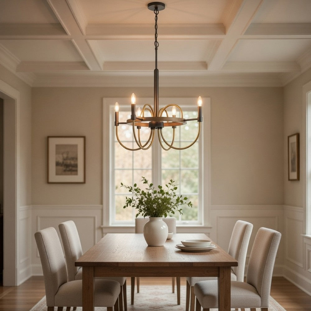 4 Light Candelabra Chandelier | Wood Base | Bronze & Gray Metal 24"