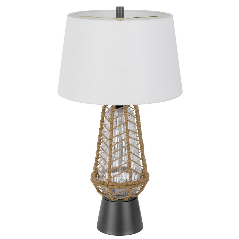 Lantern Table Lamp with Night Light | Burlap Wrapped Glass Body | Gray Metal