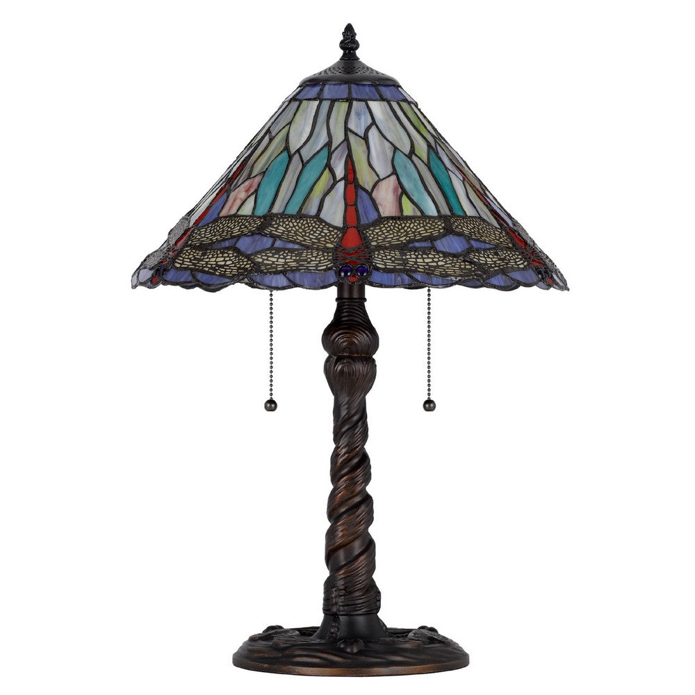 Eli Table Lamp | 15" Tiffany Glass Shade | Blue Red Dragonfly Design | Bronze