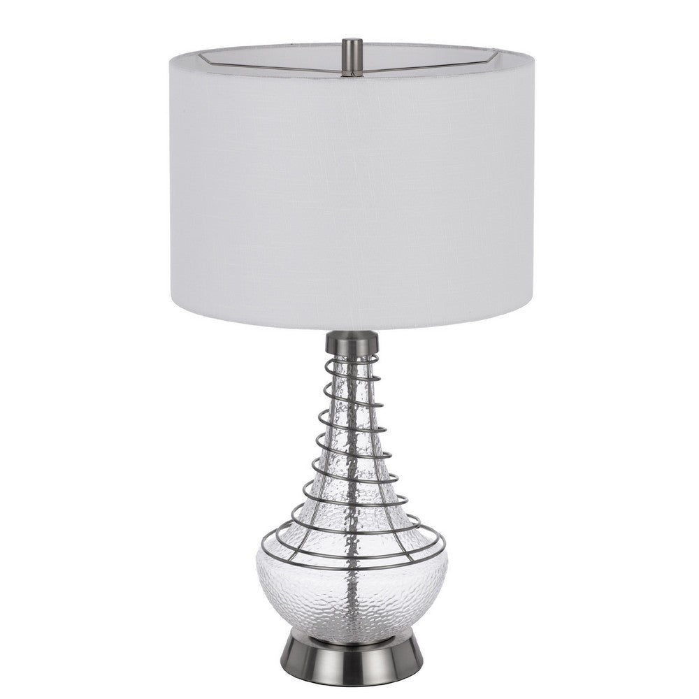 Table Lamp | Tapered Corkscrew Glass Body with Wire Accent | Brushed Steel