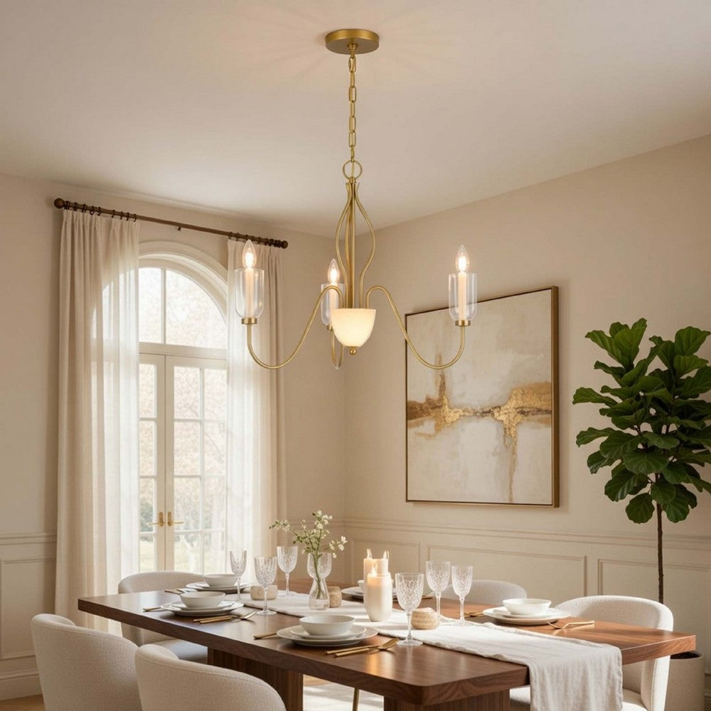 5 Light Candelabra Chandelier with Glass Shades | 32" Antique Brass