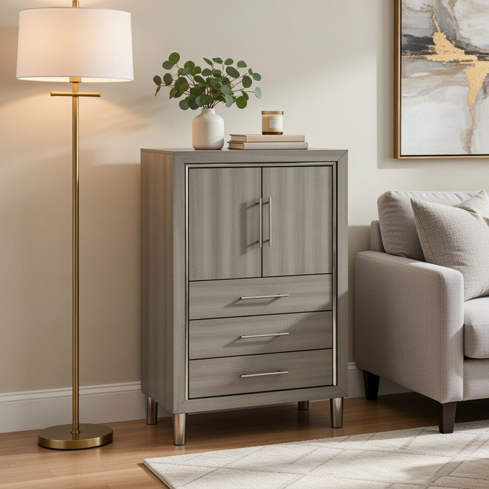 Levy Tall Dresser Chest | LED Cabinet & 3 Drawers with Shoe Rack | Gray