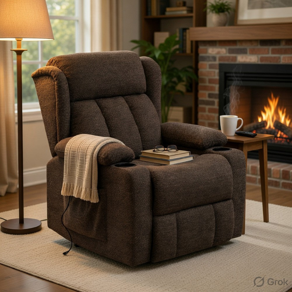 Leu Power Motion Recliner Chair with Lift | Wide Tufting | Brown Linen