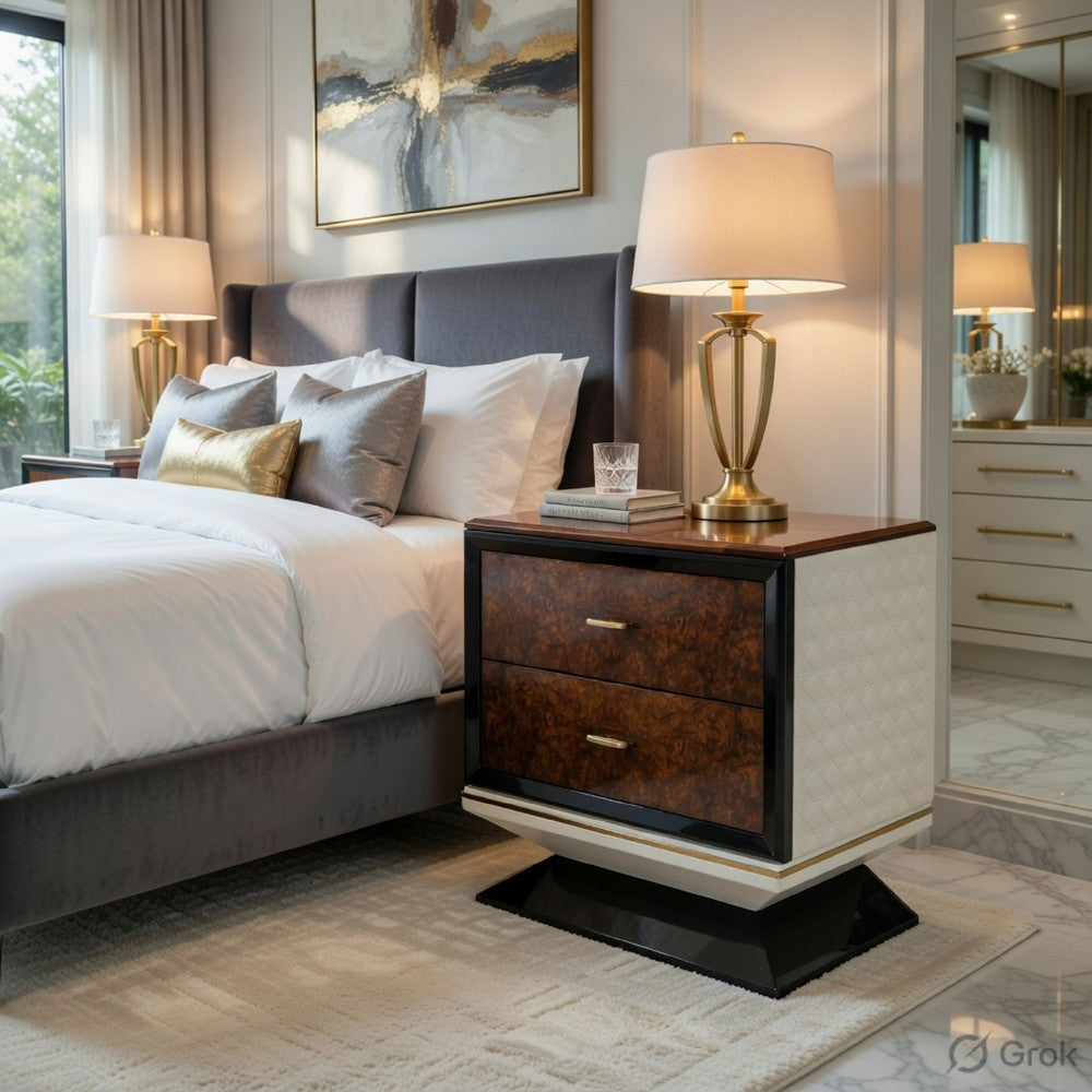 Soen Nightstand | 2 Drawers | Quilted Beige Linen | Brown Pedestal Base