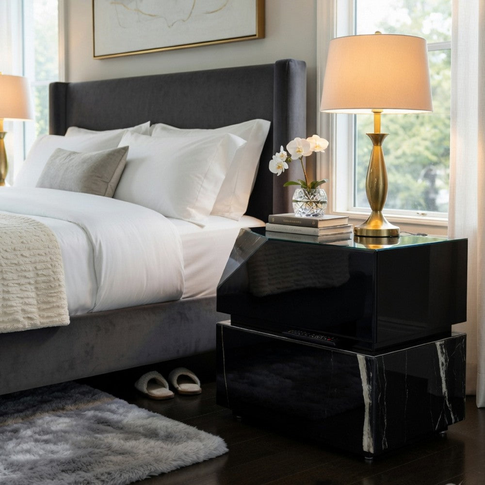 Ishi Side End Table | Faceted Marble Grain | Black Mirrored Glass 24"