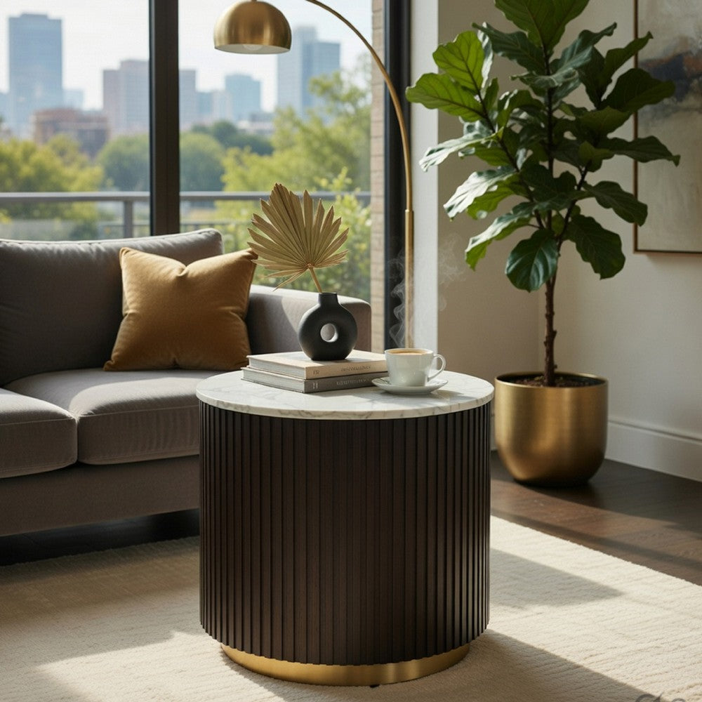 Jeh Side End Table | Faux Marble Top | Metal Trim | Fluted Brown Wood 20"