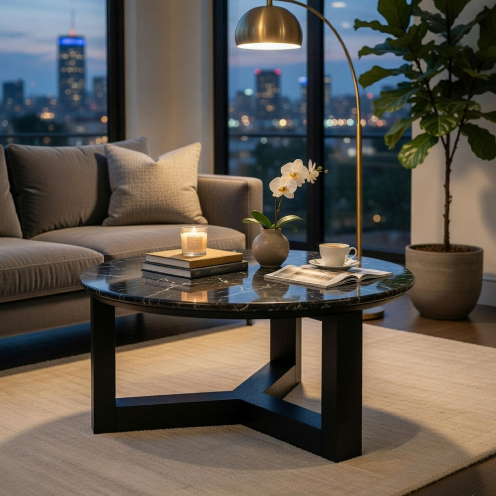 Kia Coffee Table | Round Marble Top | Three Leg Wood Base | Black 24"