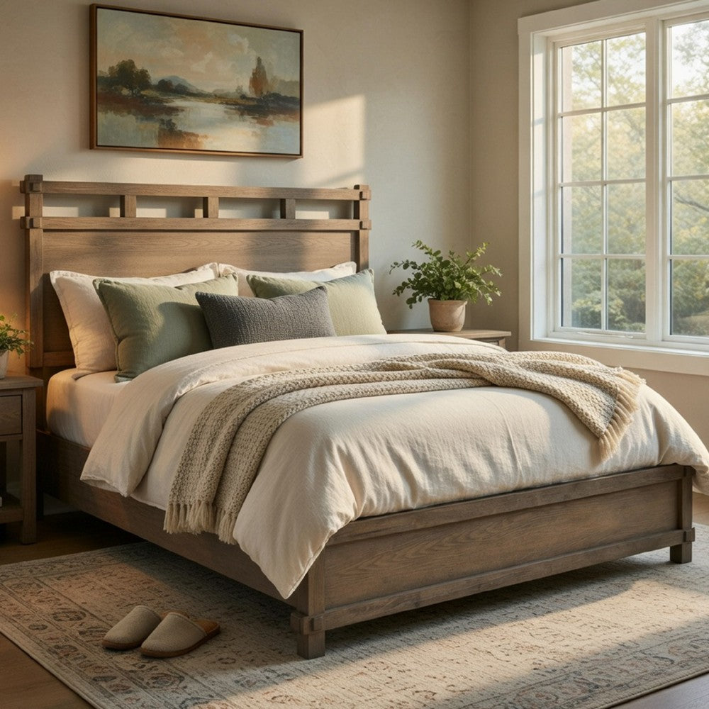 Cera Queen Size Bed | Panel Headboard with Top Rails | Antique Oak Brown
