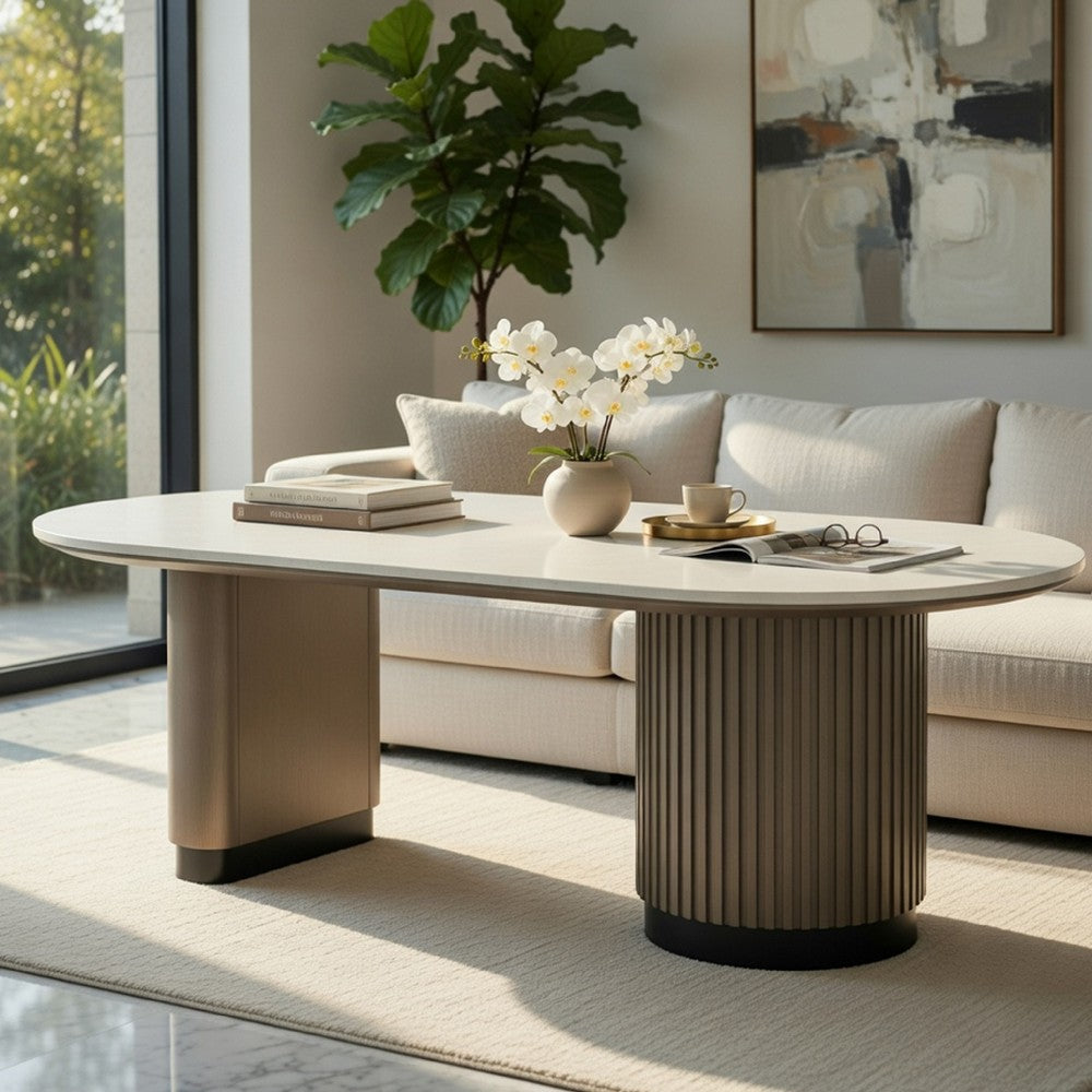 Jeh Coffee Table | 55" White Oval Top | Dual Pedestal Base | Oak Brown
