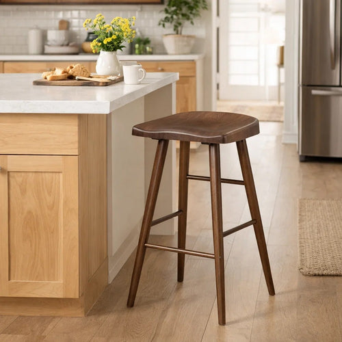 Vira 30" Bar Height Stool Set of 2 | Saddle Seat w Footrest | Brown Wood