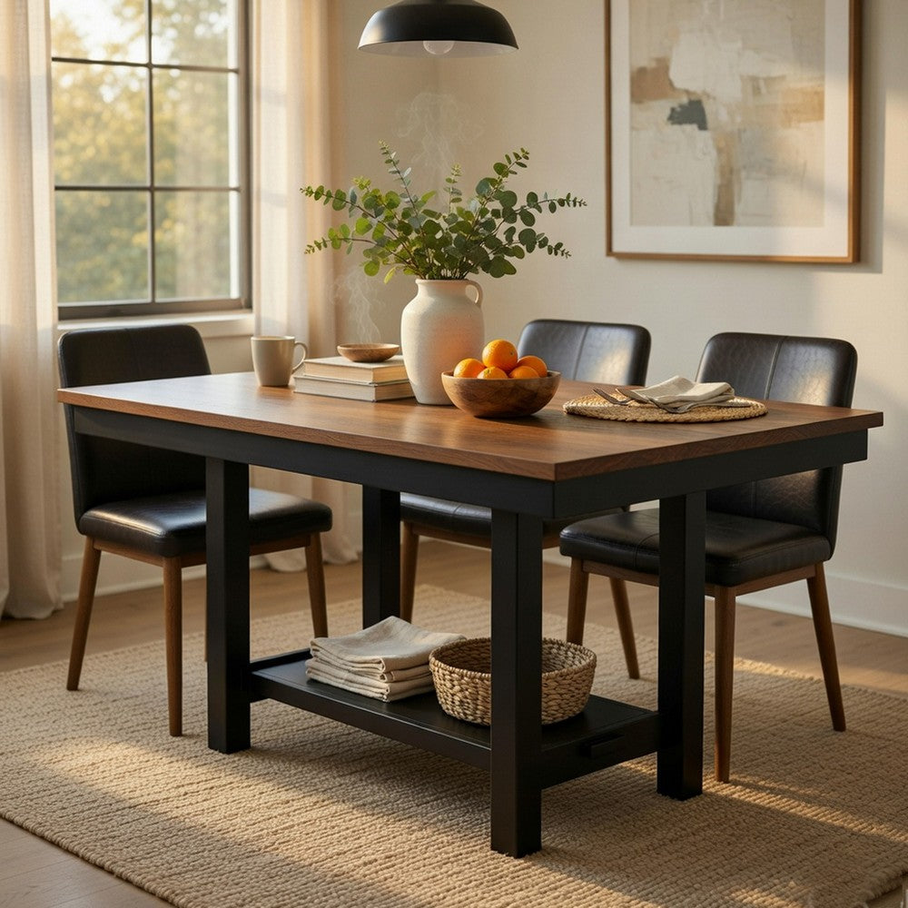 Teny Dining Table w Shelf | Rectangular | Trestle Base | 65" Black and Brown