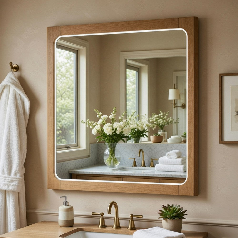 Cery Vanity Dresser Mirror | Light Brown Hickory Veneer Frame | 38 x 48