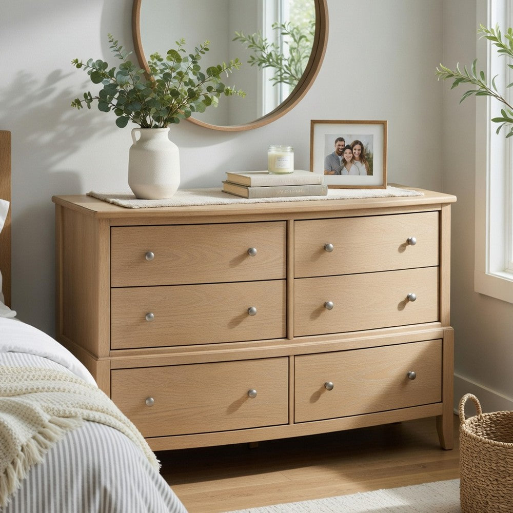 Hadly Wide Dresser | 6 Drawers with Satin Nickel Knobs | Beige