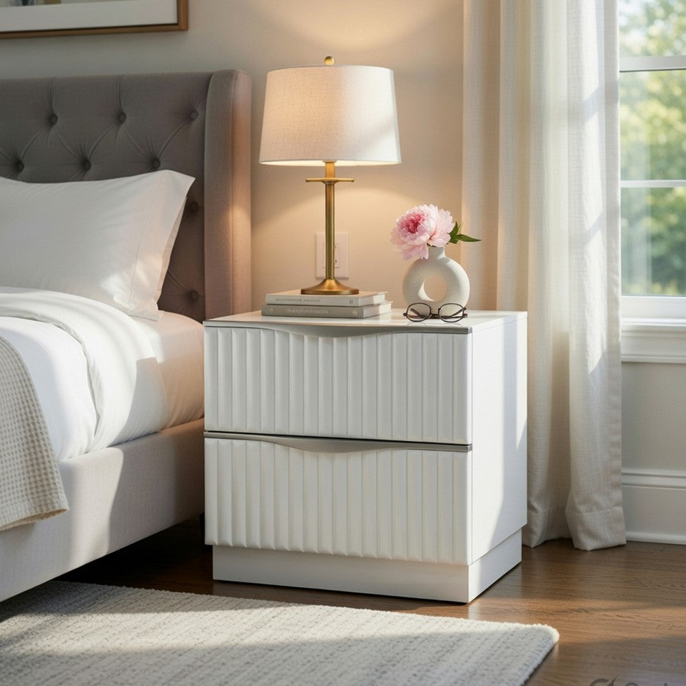 Lon Nighstand | 2 Drawers w Edge Handles | Ribbed Front | Pearl White Wood
