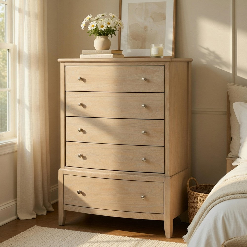 Hadly Tall Dresser Chest | 5 Drawers | Satin Nickel Knobs | Rustic Beige