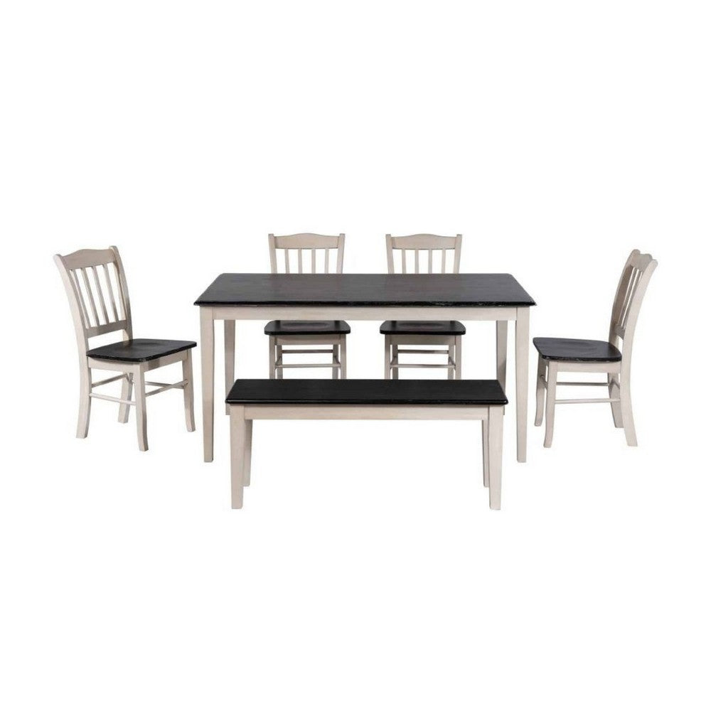 Nova 6pc Dining Table Set w 4 Chairs and Bench | Black Ash w Antique White