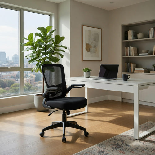 Swivel Task Chair | Mesh Back | Flip Arm | Height Adjustable | Black Fabric