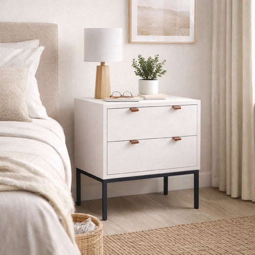 Lio Modern Nightstand with 2 Drawers | Gray Metal Legs | Glam White