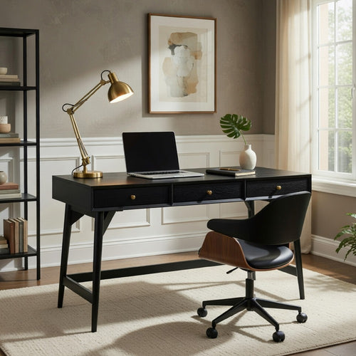 Ian Large Office Desk | 3 Felt Lined Drawers | Modern Brown Wood 52"