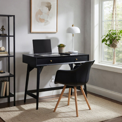 Ian Large Office Desk | 2 Felt Lined Drawers | Modern Black Wood 36"