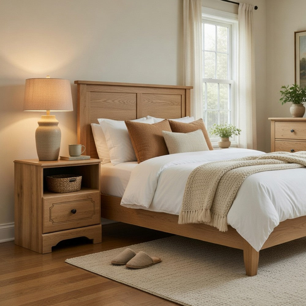 Alia Nighstand with 1 Drawer | USB Port | Open Cubby | Natural Oak Brown