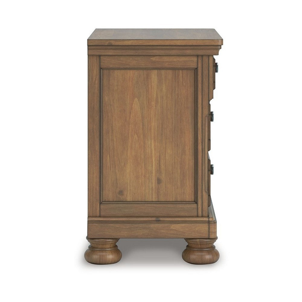 Fedz Oversized Nighstand with 3 Drawers | Bun Feet | Chestnut Brown Wood