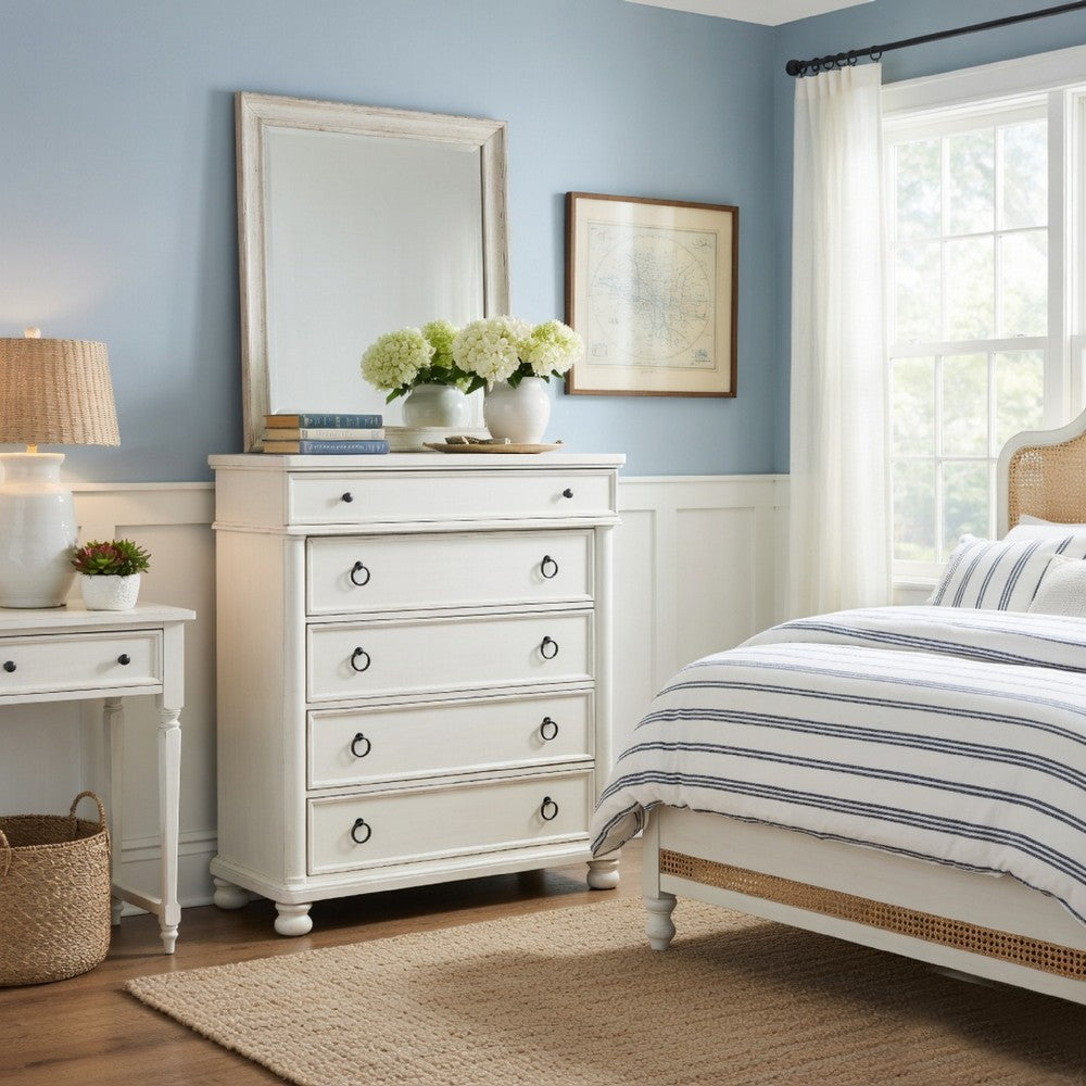Rowy Tall Dresser Chest | 5 Drawers with Pewter Knobs | Antique White