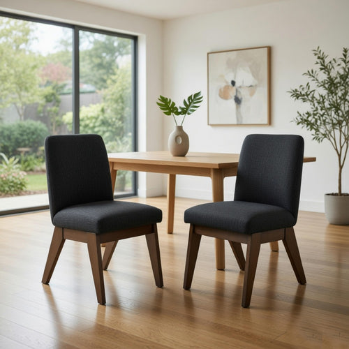 Laon Dining Side Chair Set of 2 | Black Textured Polyester | Brown Wood