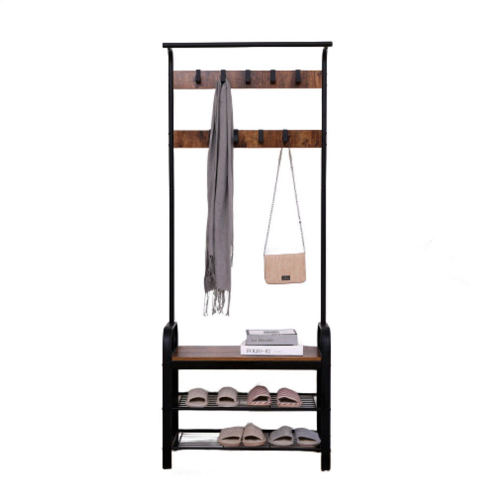 Hall Tree Entryway Foyer Coat Rack Shoe Bench | 73" Brown, Black