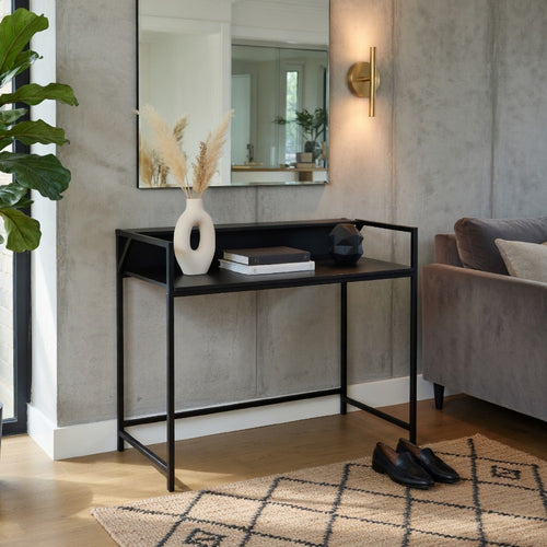 Modern Narrow Console Table | 44" Top with Raised Shelf | Black Metal