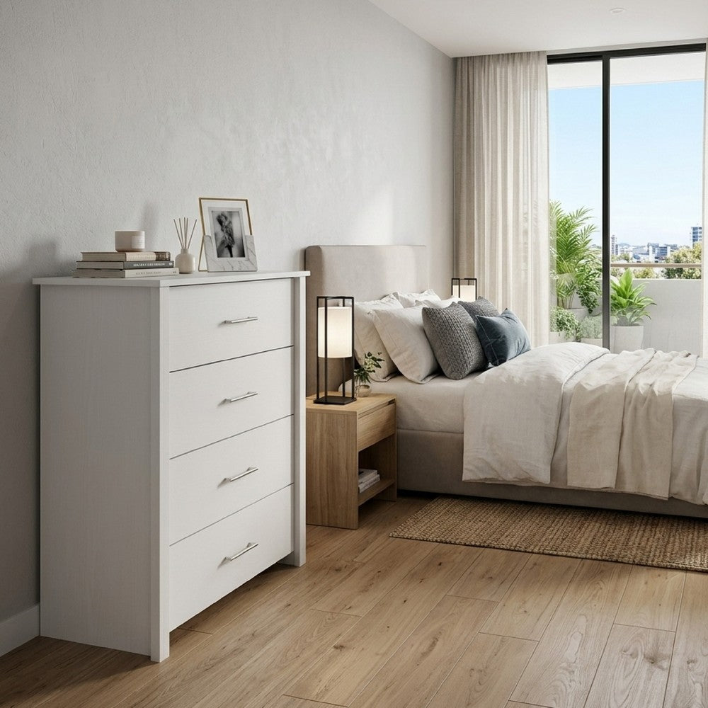 Kori Tall Dresser Chest | 4 Drawers with Silver Bar Handles | White