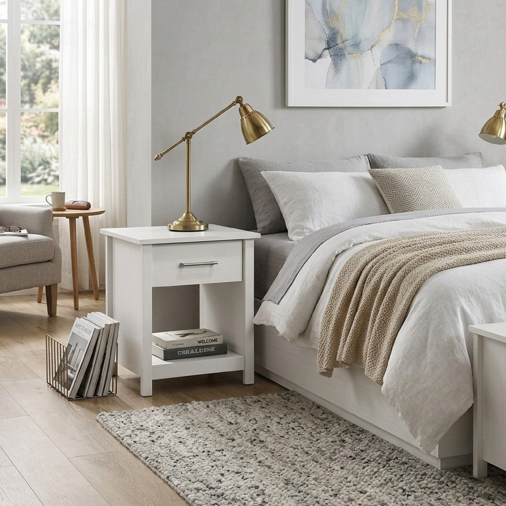Kori Nightstand | 1 Drawer and Open Shelf | Silver Pulls | White