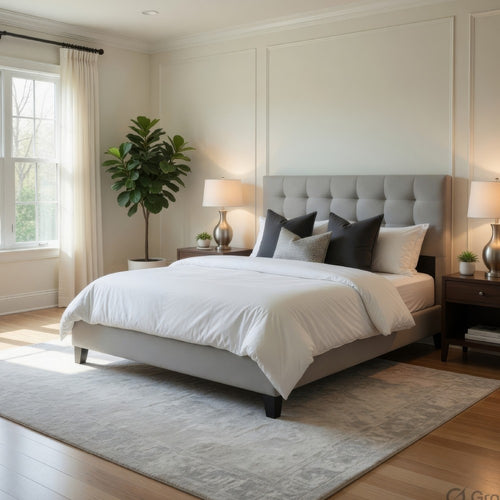 Seza Full Size Platform Bed | Tufted Light Gray Linen Upholstery